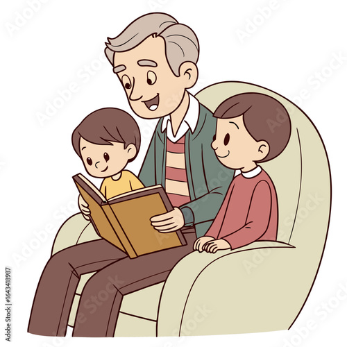 Happy grandfather reading a book to his two young grandsons sitting on a comfortable armchair
