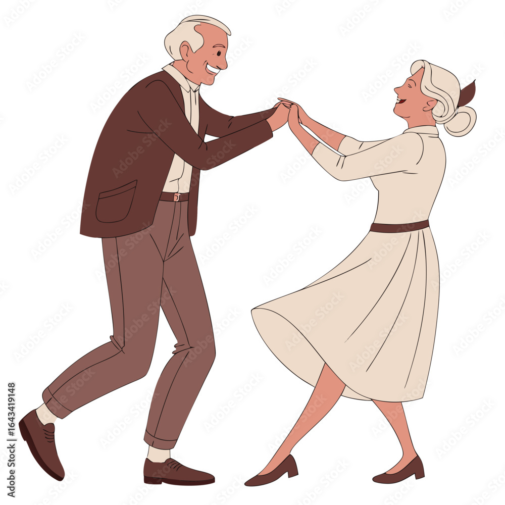 Fototapeta premium Joyful elderly couple dancing together holding hands with smiles