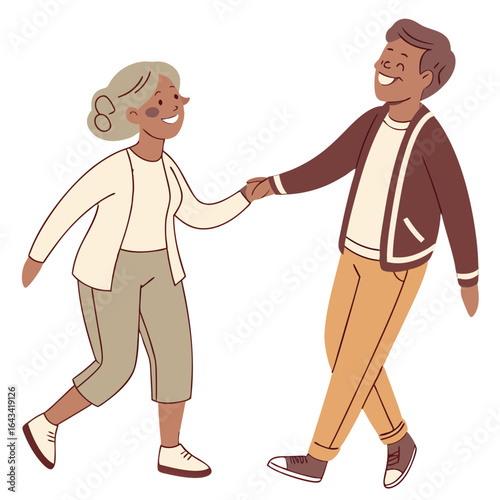 Joyful diverse couple holding hands and dancing together in a stylized illustration