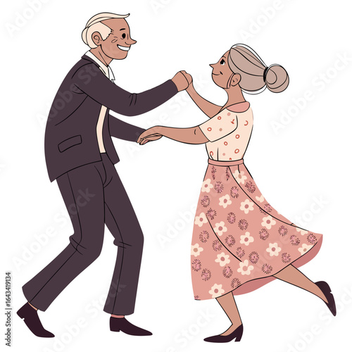 Joyful elderly couple dancing together holding hands in a celebratory pose