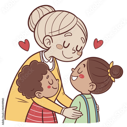 Loving grandmother hugging her two grandchildren with hearts surrounding them