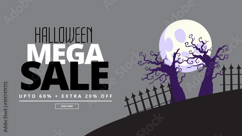 Halloween Mega Sale Banner Vector with Spooky Moon, Trees, and Discount Offer