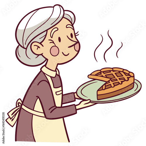 Smiling elderly woman wearing an apron presents a freshly baked pie on a plate
