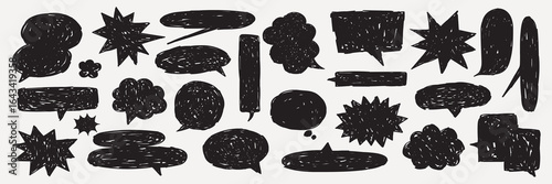 Collection of black speech bubbles and thought clouds. Speech bubbles in various shapes. Thought clouds and speech bubbles in black silhouettes. Message illustration vector.