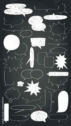 Collection of hand-drawn speech bubbles and thought clouds on a chalkboard background. Various shapes and sizes, perfect for creative designs and illustrations. Message illustration vector.