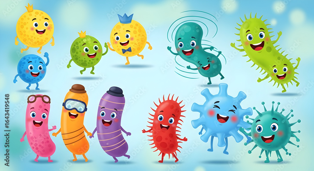 Obraz premium Happy Germ Gang: Cute Cartoon Microbes