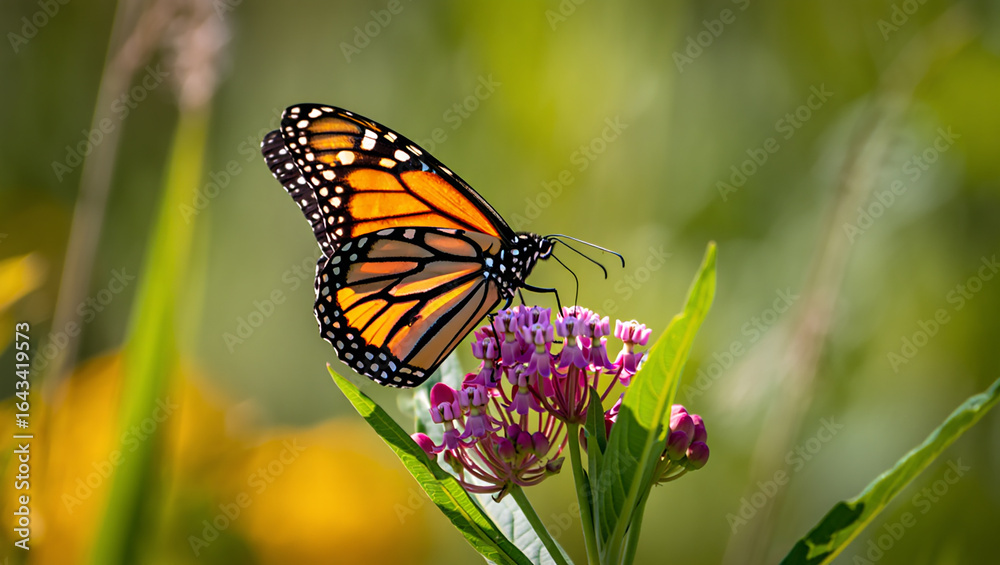 Fototapeta premium Monarch butterfly resting on a purple wildflower in a sunny meadow
