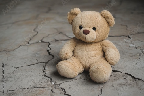 Abandoned teddy bear on cracked concrete, soft shadows under natural light. Close-up composition in muted sepia tones. A gritty urban scene hints at untold stories and forgotten graffiti.