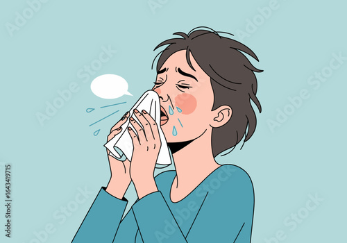 Woman with a cold sneezing into a tissue, feeling unwell with flu symptoms.