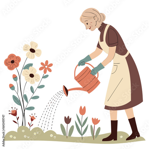 Woman watering flowers in garden with watering can wearing apron and gloves