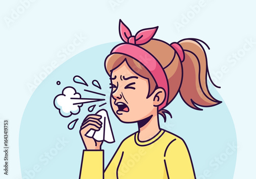A cartoon illustration of a girl sneezing and covering her mouth with a tissue.