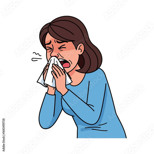 A woman with a cold, sneezing into a tissue, looking unwell.