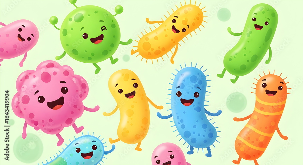 Obraz premium Happy Germs: Colorful Cartoon Bacteria Illustration