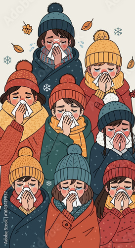 Illustration of children bundled up, blowing their noses, and looking unwell in winter.