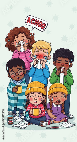Illustration depicting a group of children suffering from cold or flu symptoms, sneezing and coughing.