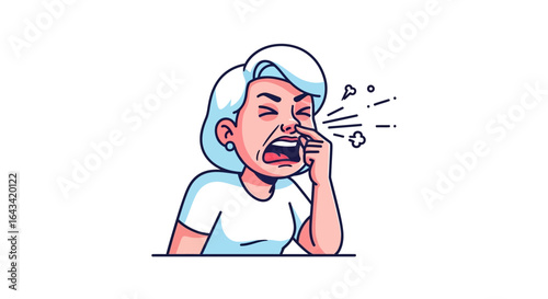 Angry elderly woman cartoon, pinching nose, sneezing loudly.