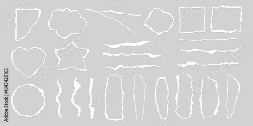Set of torn paper shapes, including circles, squares, and stars. Torn paper edges, ripped paper texture, torn paper design elements on gray background. Paper outline, frame vector set.