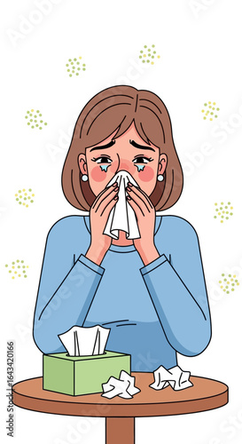 A woman with allergy symptoms or a cold blows her nose into a tissue, surrounded by pollen or germs.