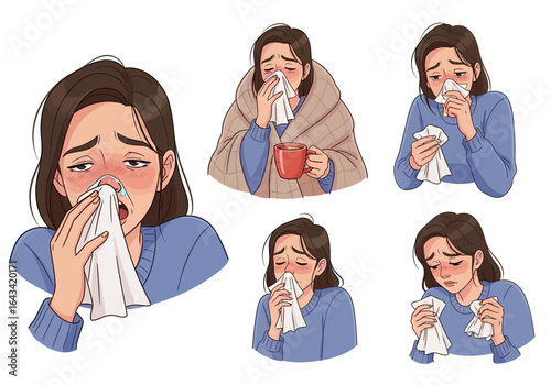 A set of illustrations of a sick young woman with a red nose, blowing into a tissue, feeling unwell from a cold or flu.