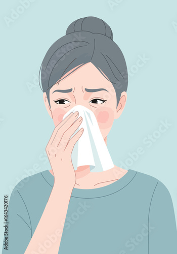 An illustrated woman with gray hair in a bun holds a tissue to her nose, looking unwell from a cold, flu, or allergies.