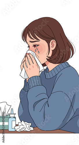 A tearful woman in a blue sweater wipes her nose, surrounded by tissues and medicine for a cold or allergies.