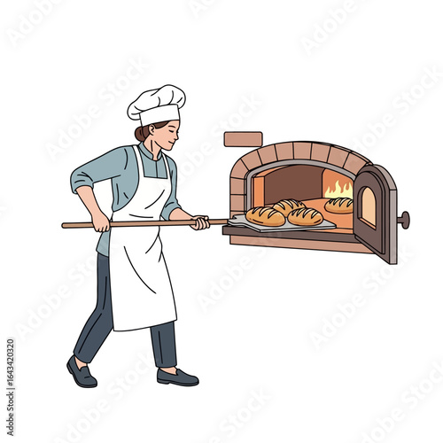 Vector art of baker using a peel to place bread into a woodfired brick oven