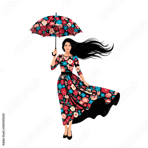 Vector art of woman in a floral dress holding a colorful floral umbrella, isolated on white background