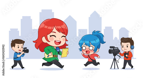 Cartoon News Crew Reporting Live with Cameramen and Interviewee