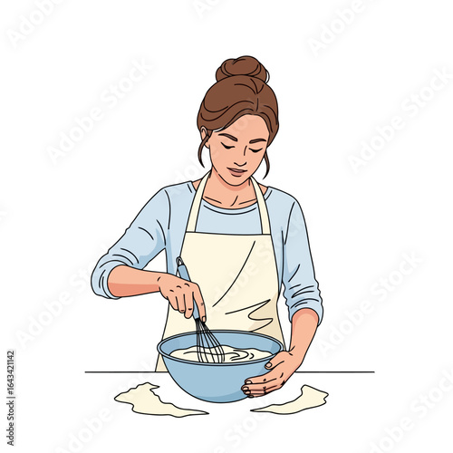Vector art of young woman whisking ingredients in a bowl, isolated on white background
