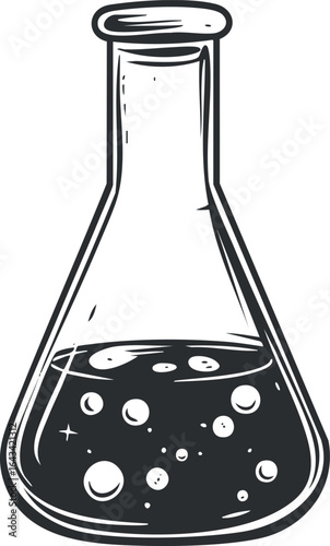 Black and white illustration of a laboratory flask with liquid and bubbles representing chemical experiments