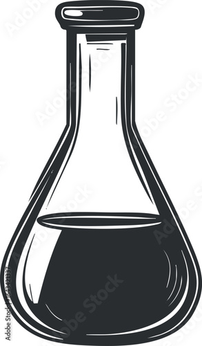 Black and white illustration of a laboratory flask filled halfway with liquid for scientific experiments