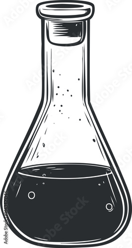 Black and white illustration of a laboratory flask filled with liquid, used for scientific experiments and research
