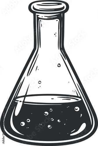 Black and white illustration of a laboratory flask with liquid and bubbles for science experiments