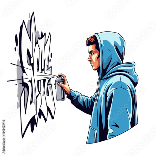 Vector art of man spraying graffiti art on a wall with a spray can, isolated on white background