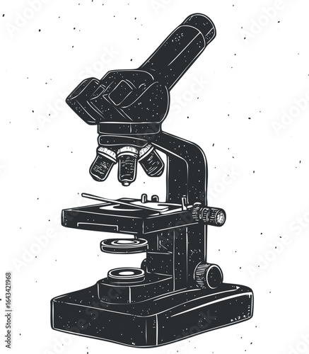 Black and white hand drawn illustration of a microscope used for scientific research and microscopic analysis in laboratories and education