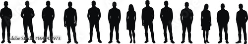 people, silhouettes, standing, group, men, women, vector, illustration, business, crowd, human, figures, isolated, team, diverse, posture, graphic, design, black, art