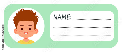 Mint green school name tag with a red haired smiling boy. Colorful layout for identifying kids belongings or desks.