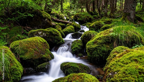A tranquil stream meanders over moss-covered rocks in a vibrant green forest. This serene natural landscape embodies untouched beauty, evoking peace and the timeless flow of nature