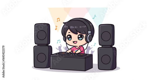 Cute Chibi DJ Mixing Music with Speakers