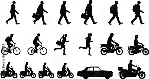People walking, running, cycling, riding scooters, motorcycles, and driving car, human silhouette transportation collection, black vector commuter activity icons