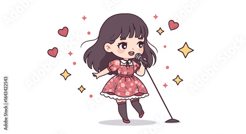 Cute Chibi Girl Singing Performance Vector Illustration