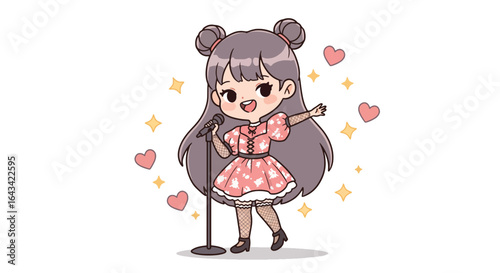 Cute Chibi Girl Singing Performance with Microphone