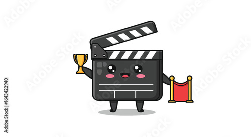 Cute Movie Clapperboard Character with Trophy and Red Carpet