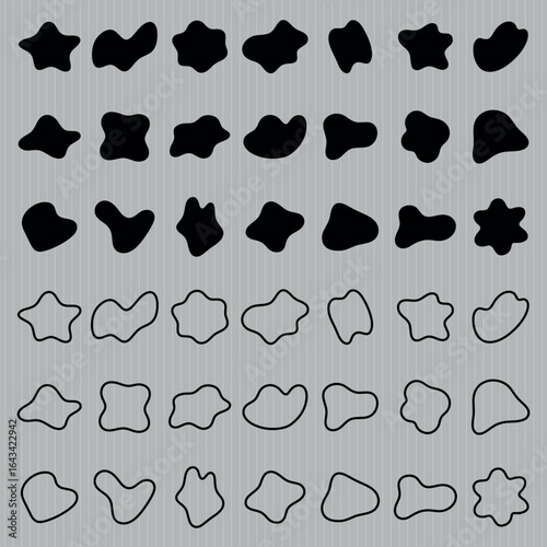 Abstract shapes in black and white, various forms and sizes. Repeated abstract shapes, unique and creative. Black and white abstract shapes, artistic design. Black shape vector set.