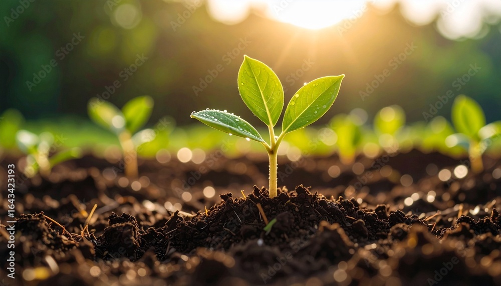 Young Plant Emerging from Soil, Bathed in Golden Sunlight, Symbolizing New Beginnings