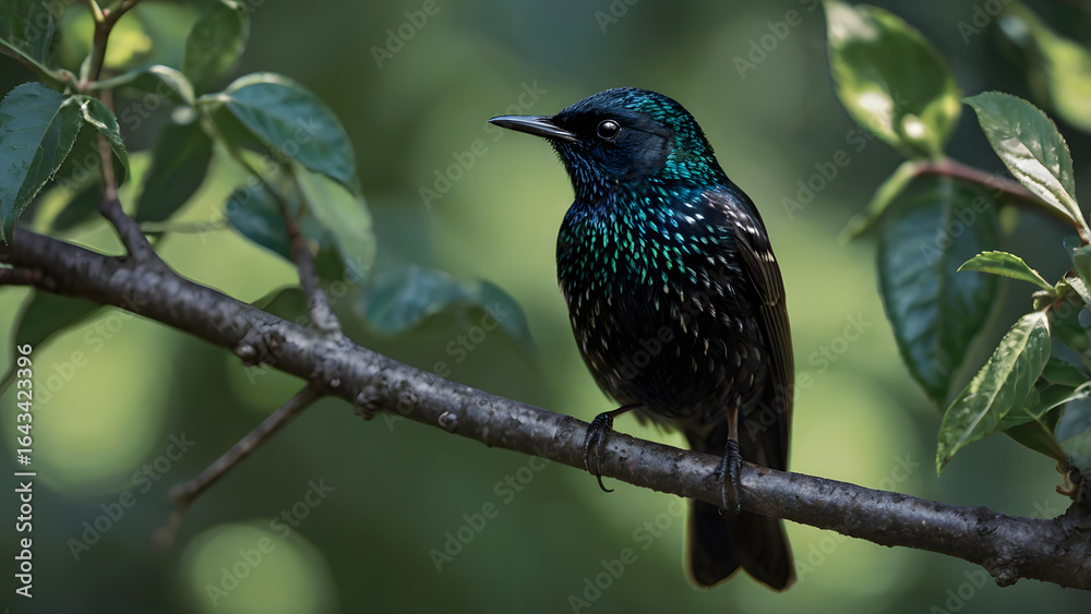 Fototapeta premium Vibrant Common Starling Posing on a Branch with Iridescent and Spotted Plumage