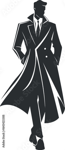 Stylish silhouette of a confident man walking in a long trench coat and tie, modern fashion.