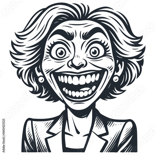 A caricature portrait of a woman with a hysterical, wide smile and crazy eyes. Vector illustration of an insane businesswoman in a comic art style.