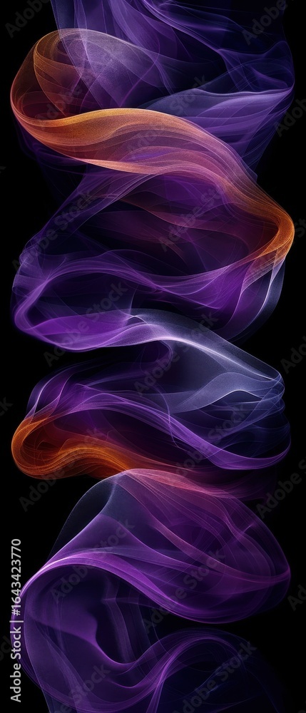 Naklejka premium Abstract minimalist aubergine, saffron, and platinum smoke wisps in a zen composition. Negative space highlights busy, intricate flowing patterns.