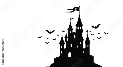 Spooky Haunted Castle Silhouette with Flying Bats